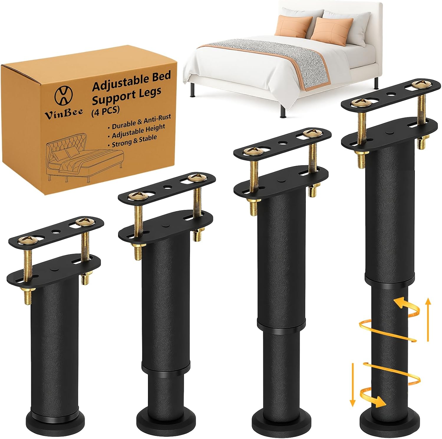 4-Pack Adjustable Metal Bed Legs – 7 To 12 Inch Height, Heavy Duty Support For Bed Frames, Couches, Cabinets & More (White)