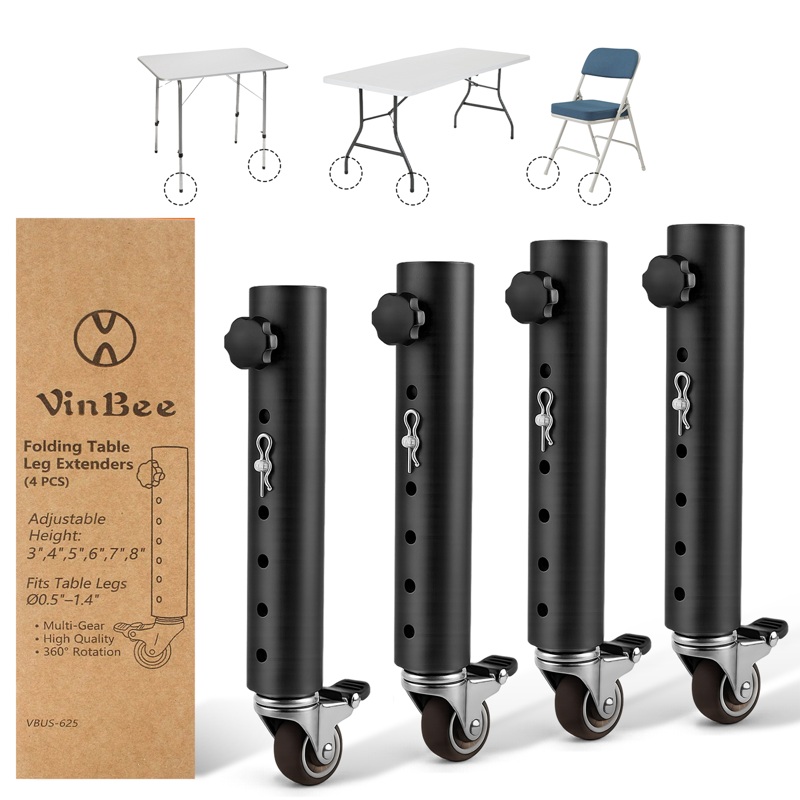 VinBee 4 Pack Adjustable Table Leg Extenders with Wheels,6-Level 10.8 inch Metal Furniture Risers for Folding Tables and Desks,Height Extension Legs for Home Office