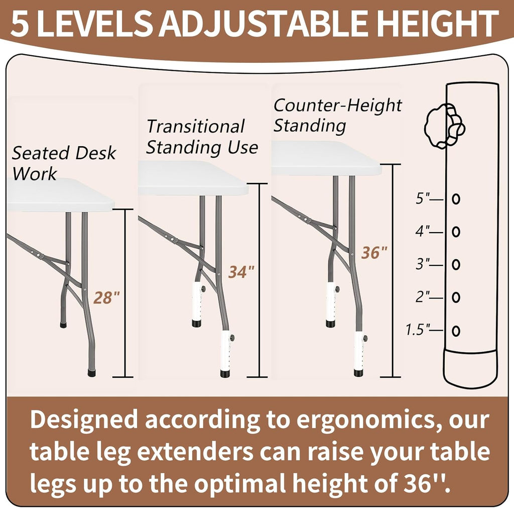 VinBee 4 Pack Adjustable Table Leg Extenders with Wheels（White）