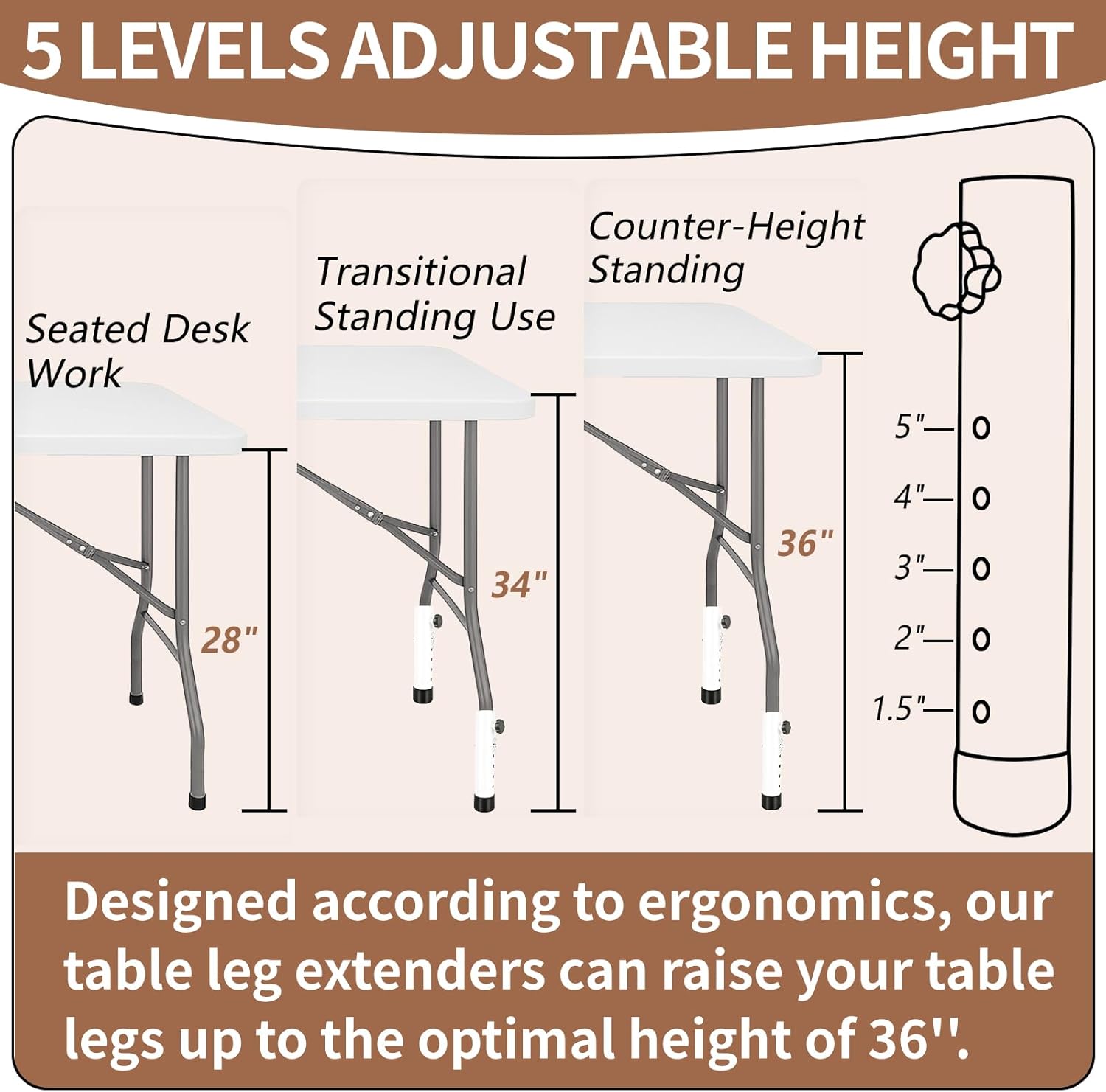 VinBee 4 Pack Adjustable Table Leg Extenders with Wheels（White）