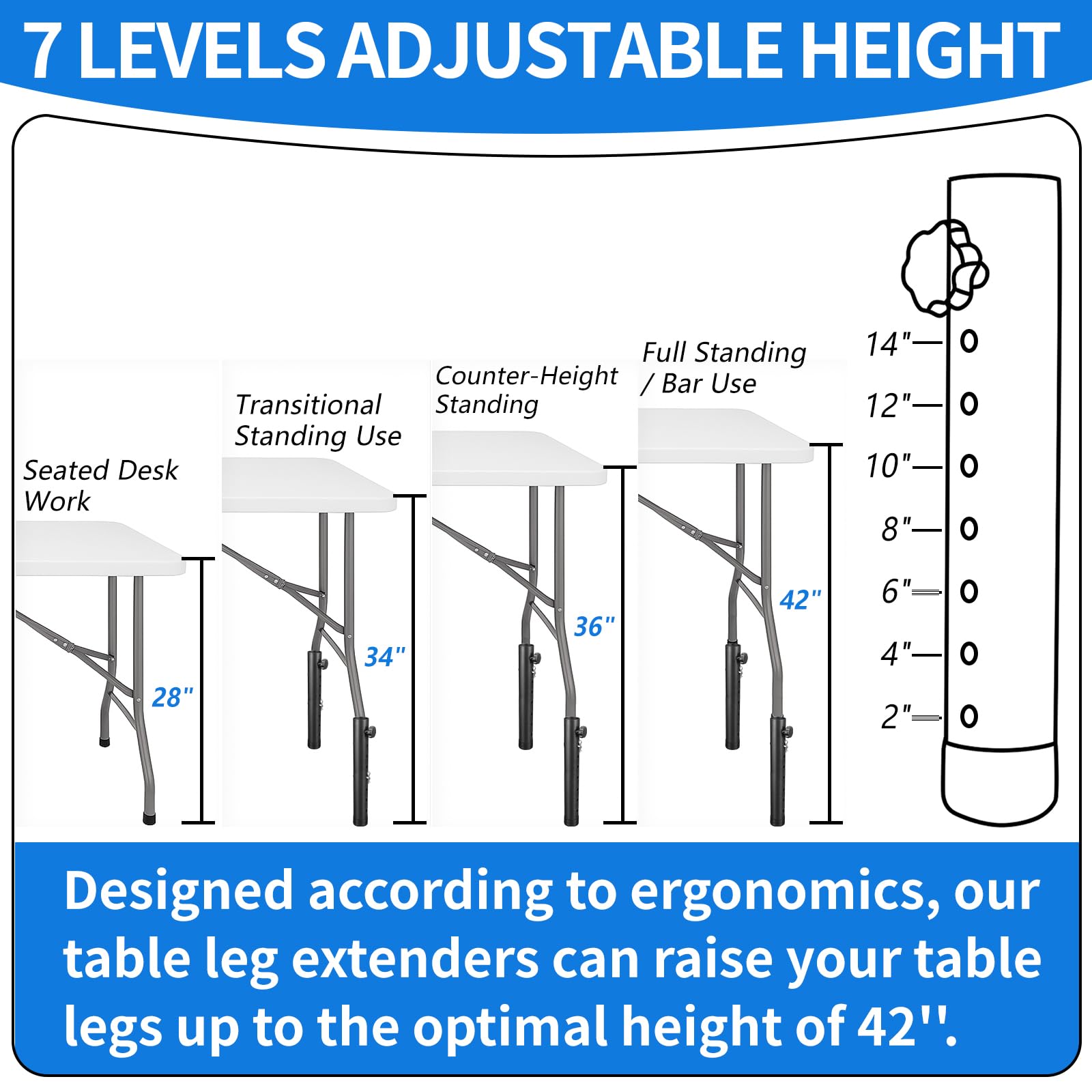 VinBee Folding Table Leg Extenders,Folding Table Risers,7-Levels Height Adjustable Risers for DIY & Back Pain Relief for Office,Dining,Standing Desk 4Pack(7 Level 17.3 inch)