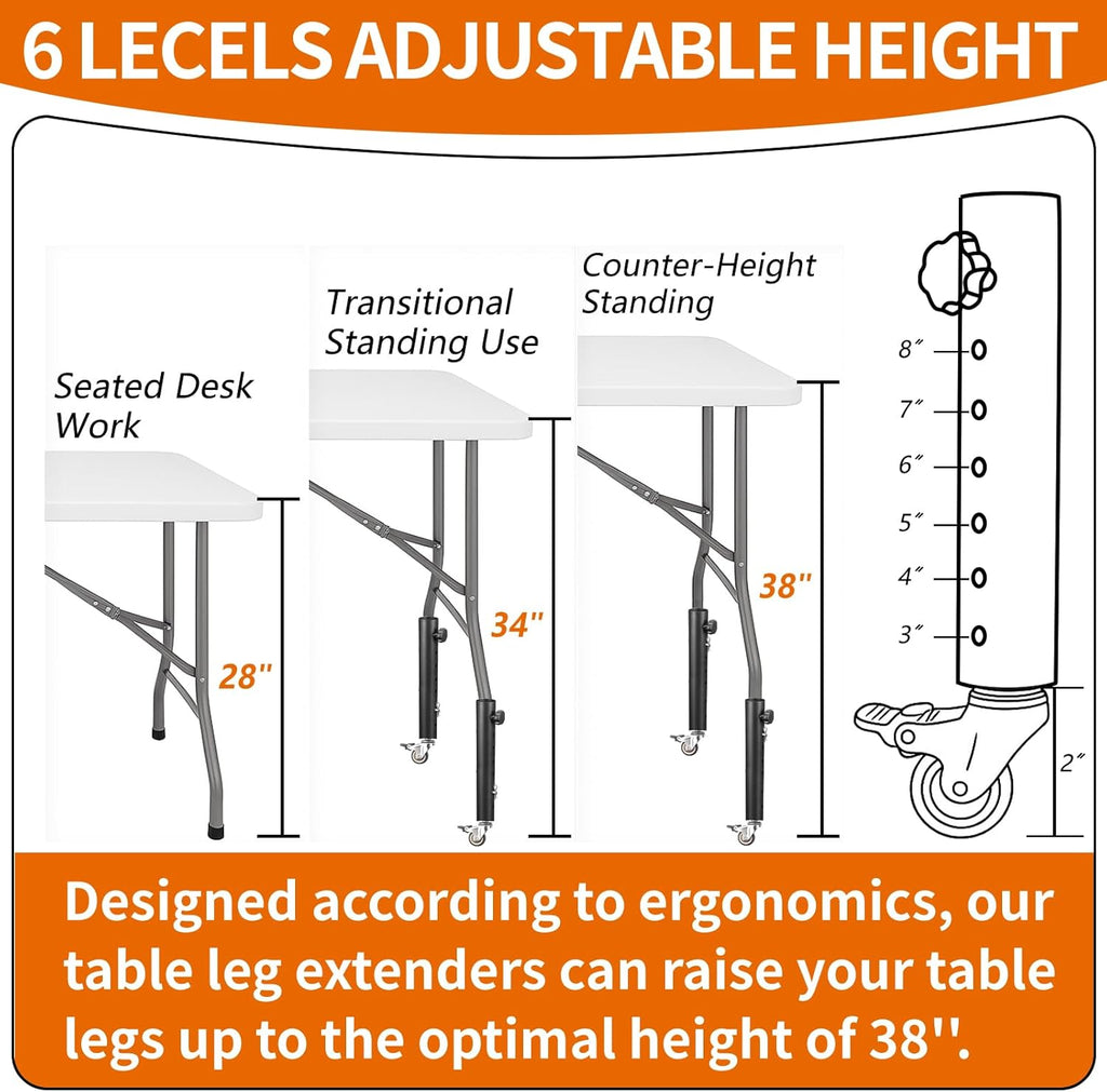 VinBee 4 Pack Adjustable Table Leg Extenders with Wheels,6-Level 10.8 inch Metal Furniture Risers for Folding Tables and Desks,Height Extension Legs for Home Office