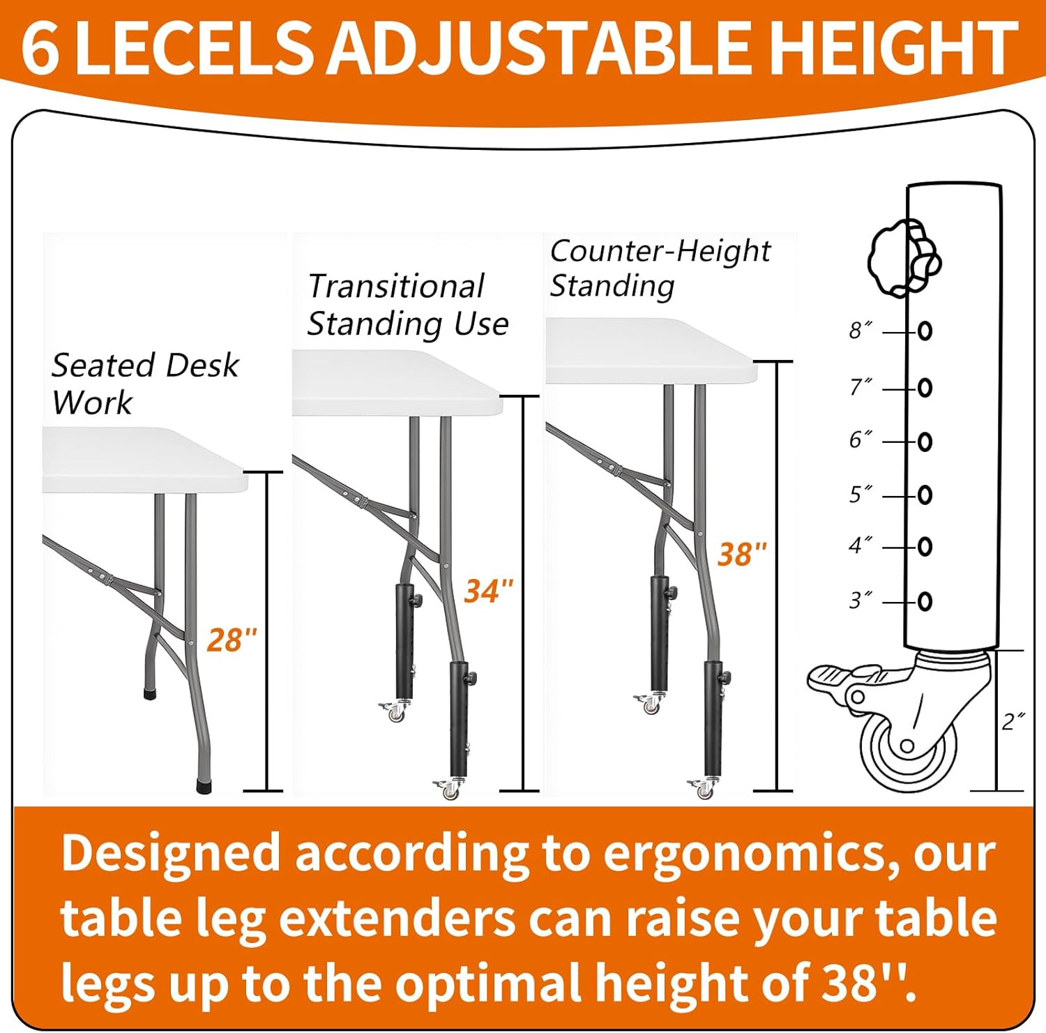 VinBee 4 Pack Adjustable Table Leg Extenders with Wheels,6-Level 10.8 inch Metal Furniture Risers for Folding Tables and Desks,Height Extension Legs for Home Office