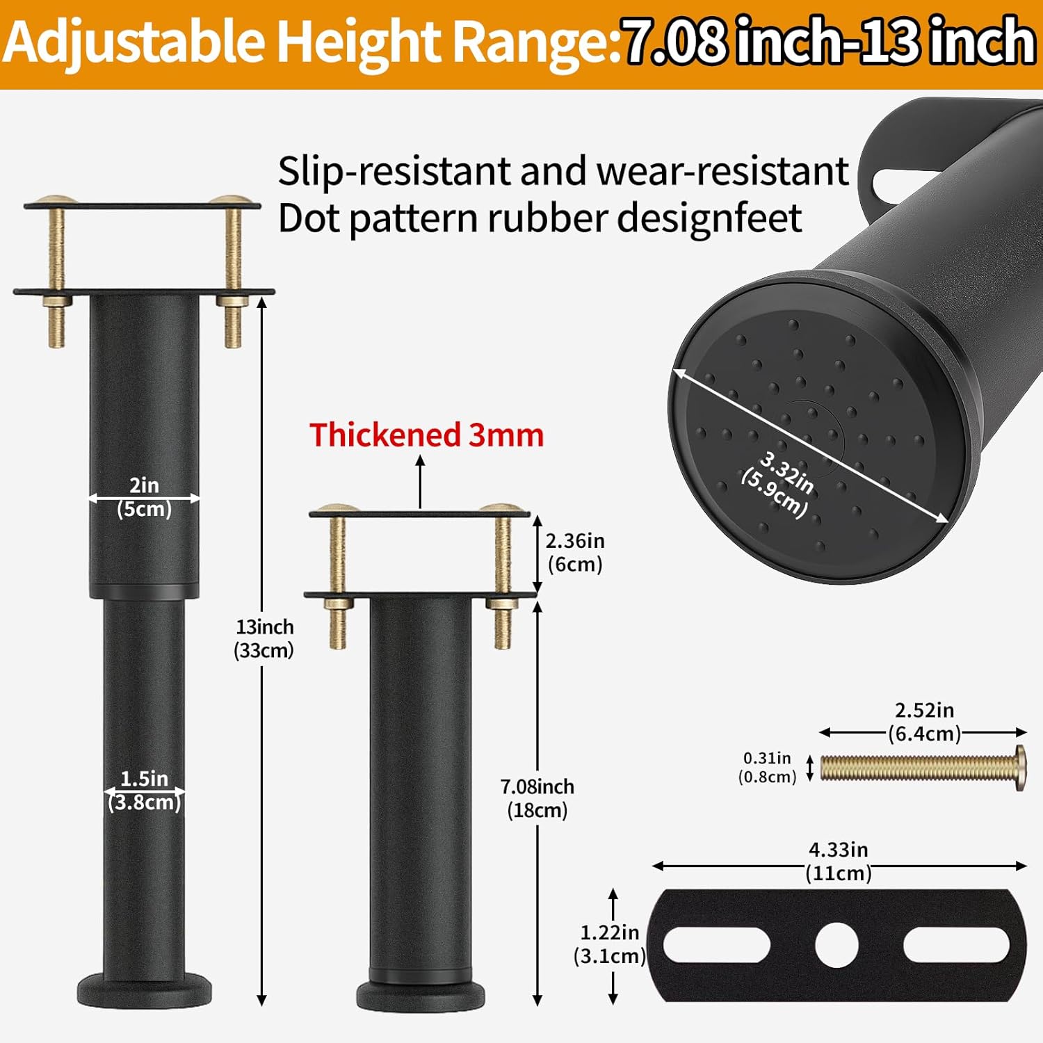 VinBee Adjustable Bed Legs 7.08–13 inch,Adjustable Bed Support Legs Heavy Duty,Bed Frame Support Leg Replacement for Furniture & Platform Slat Supports