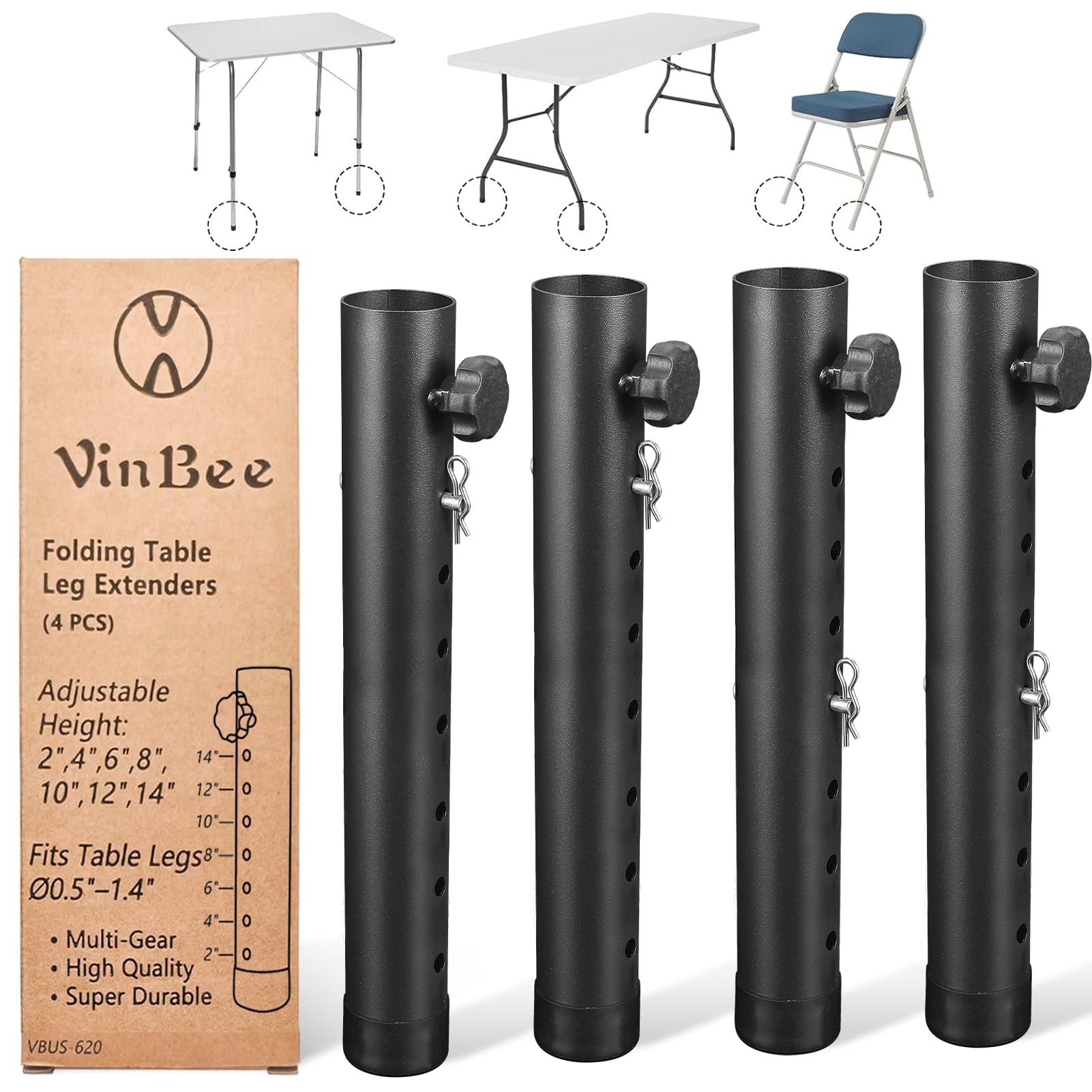VinBee Folding Table Leg Extenders,Folding Table Risers,7-Levels Height Adjustable Risers for DIY & Back Pain Relief for Office,Dining,Standing Desk 4Pack(7 Level 17.3 inch)