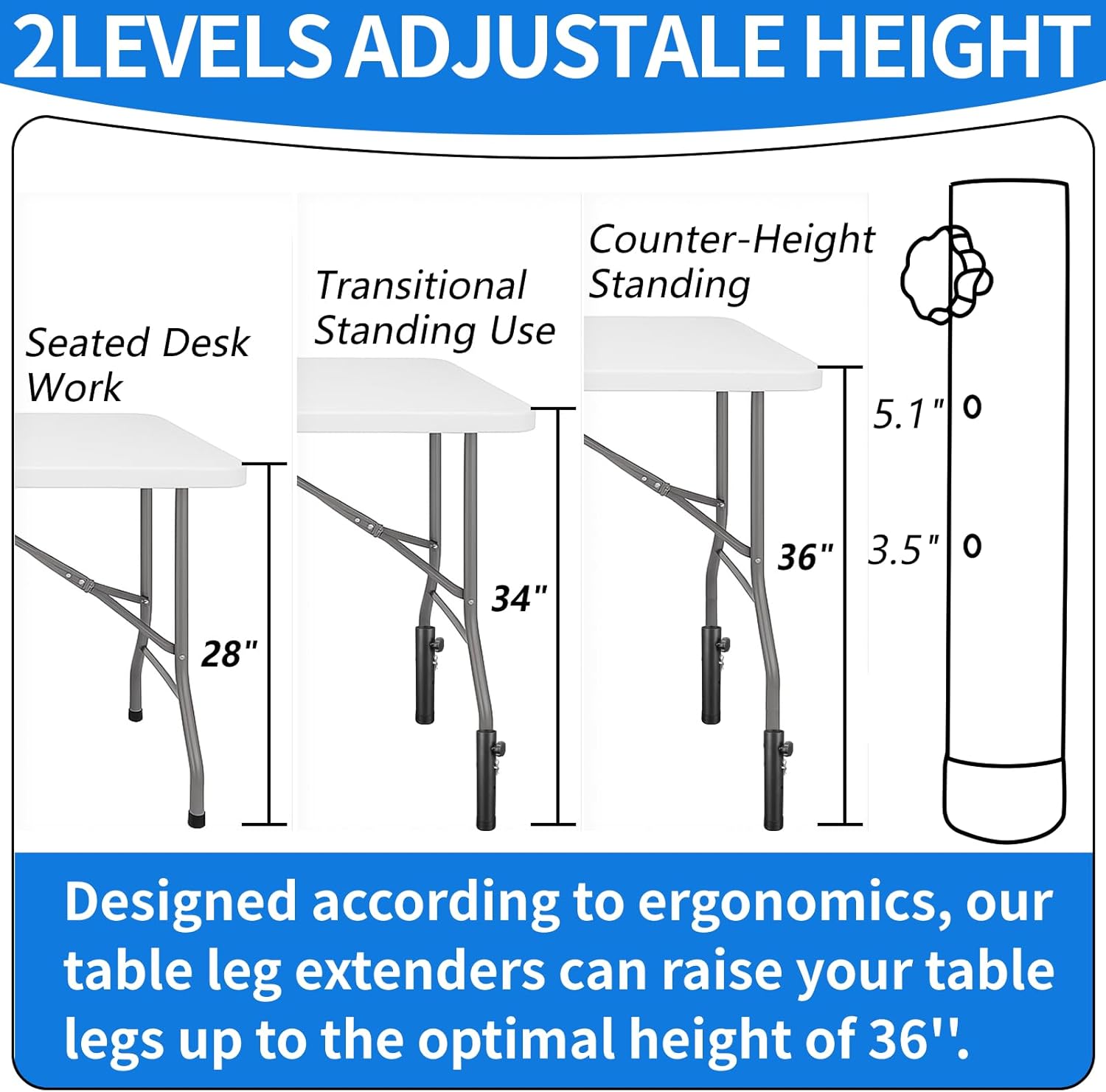 VinBee Folding Table Risers,Folding Table Leg Extenders,2-Levels Height Adjustable Risers for DIY & Back Pain Relief for Office,Dining,Standing Desk 4 Pack (7.7 inch)-Legs for Furniture