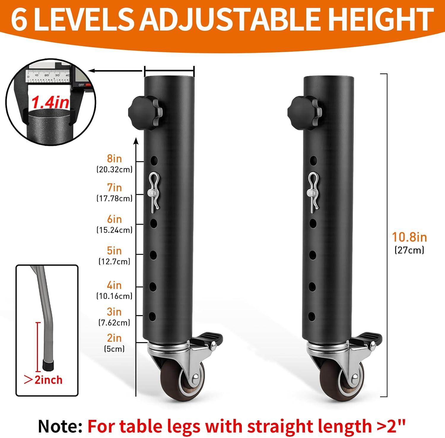 VinBee 4 Pack Adjustable Table Leg Extenders with Wheels,6-Level 10.8 inch Metal Furniture Risers for Folding Tables and Desks,Height Extension Legs for Home Office