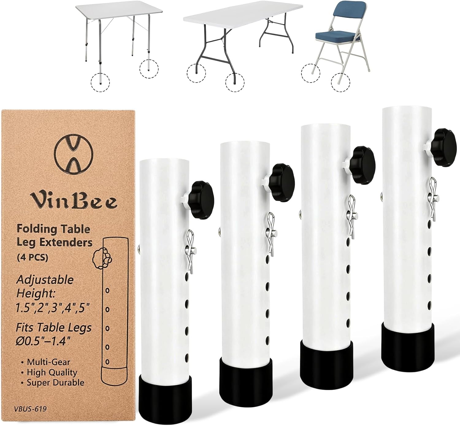 VinBee 4 Pack Adjustable Table Leg Extenders with Wheels（White）