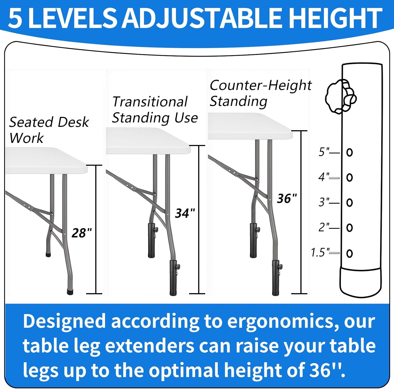 VinBee Folding Table Risers,Folding Table Leg Extenders,5-Levels Height Adjustable Risers for DIY & Back Pain Relief for Office,Dining,Standing Desk 4 Pack(5 Level 7.7 inch)