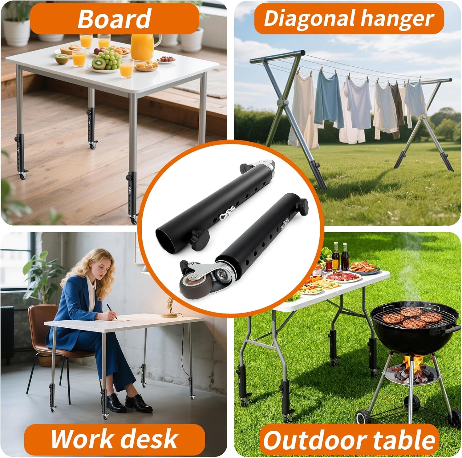 VinBee 4 Pack Adjustable Table Leg Extenders with Wheels,6-Level 10.8 inch Metal Furniture Risers for Folding Tables and Desks,Height Extension Legs for Home Office